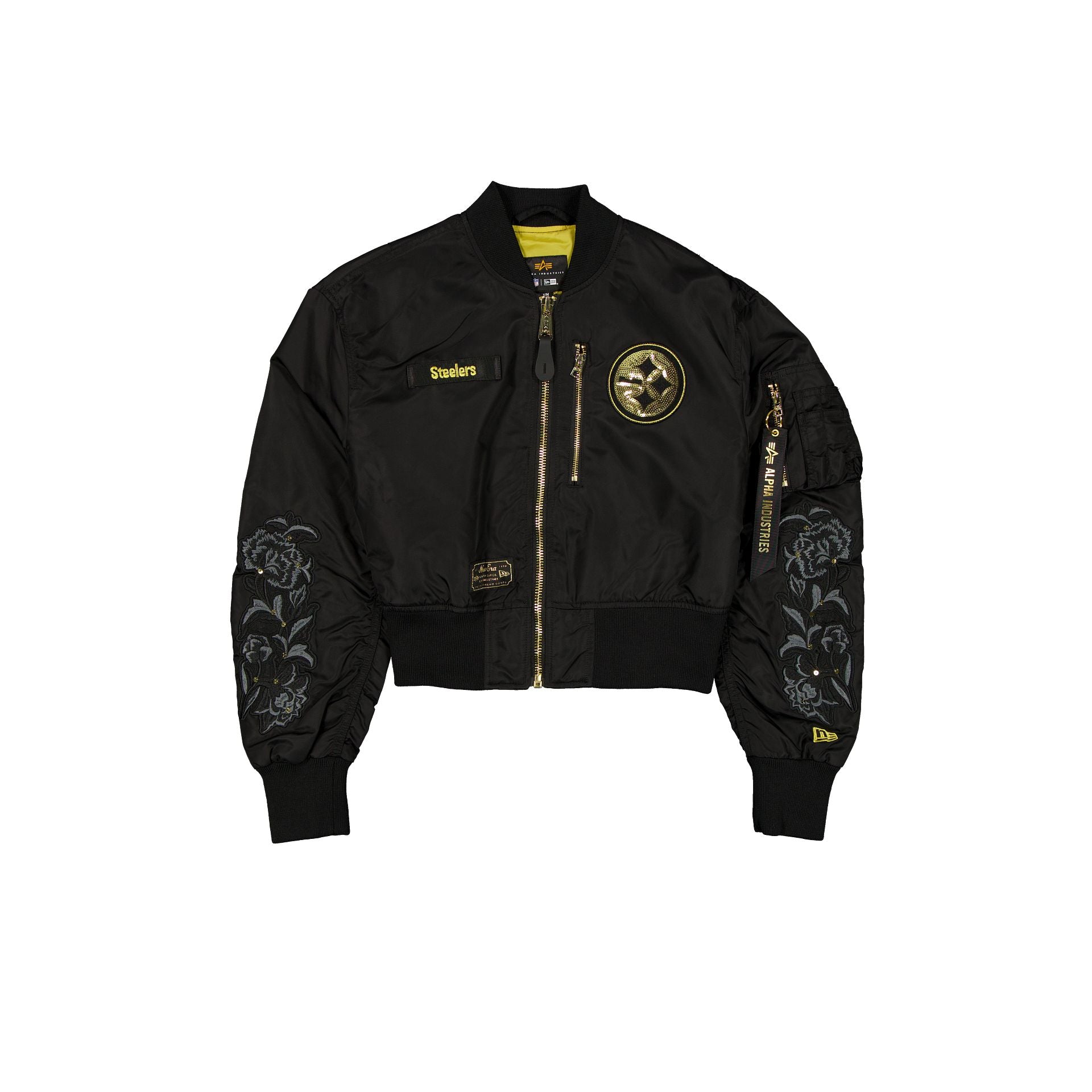 new era Alpha Industries Black and Gold Women's Cropped L-2B Bomber Jacket