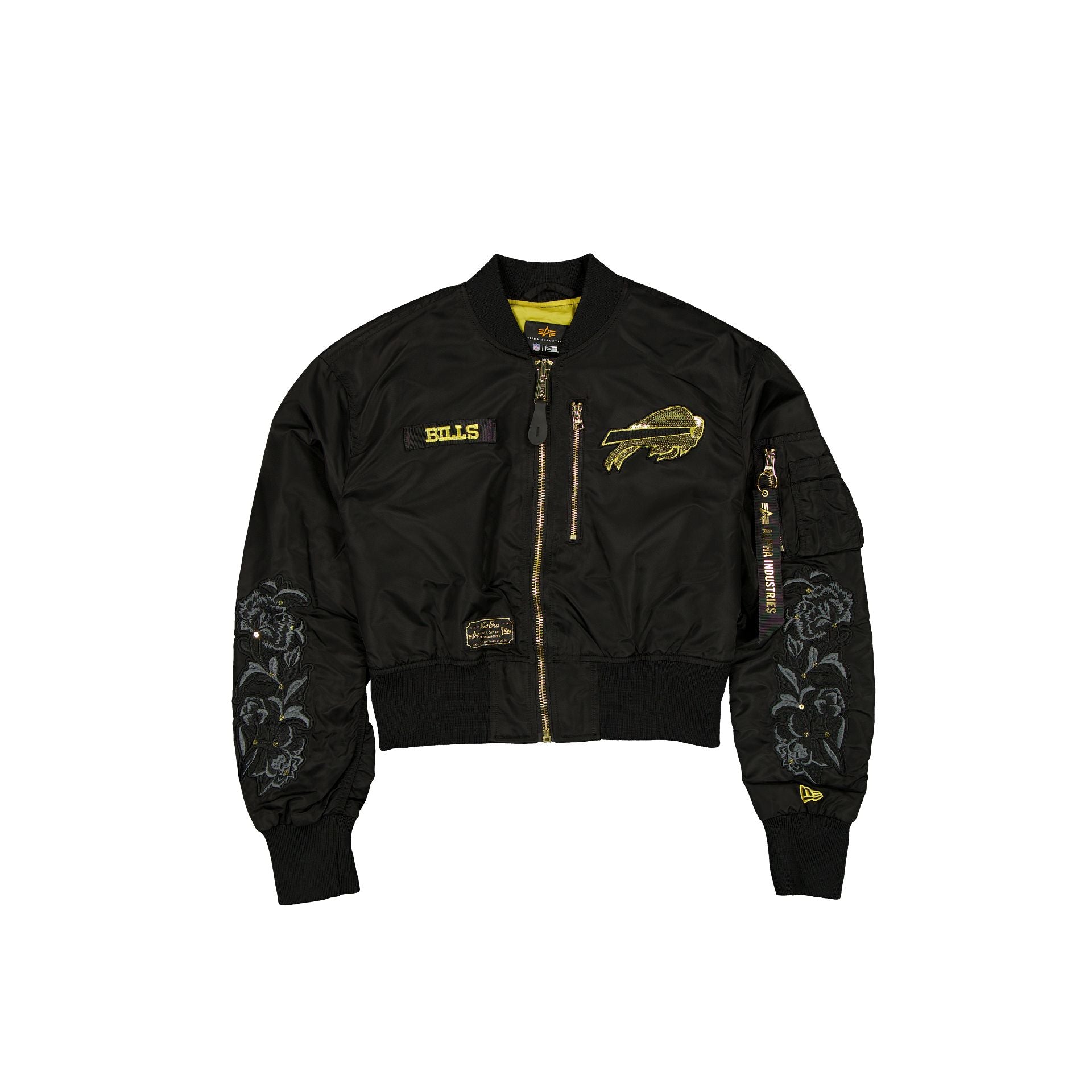 new era Alpha Industries Black and Gold Women's Cropped L-2B Bomber Jacket